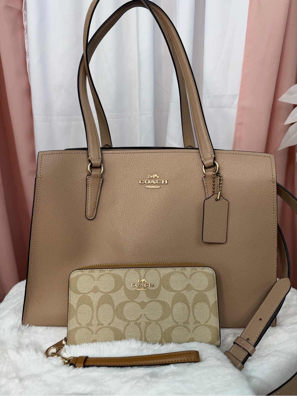 Coach Beige Taupe Leather Tote with Signature Canvas Wallet
